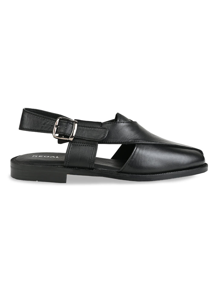 Regal Black Men Leather Slip On Sandals