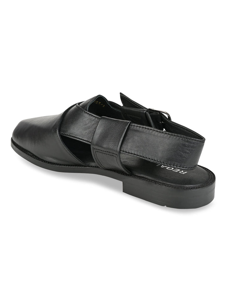 Regal Black Men Leather Slip On Sandals