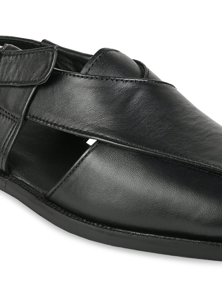 Regal Black Men Leather Slip On Sandals