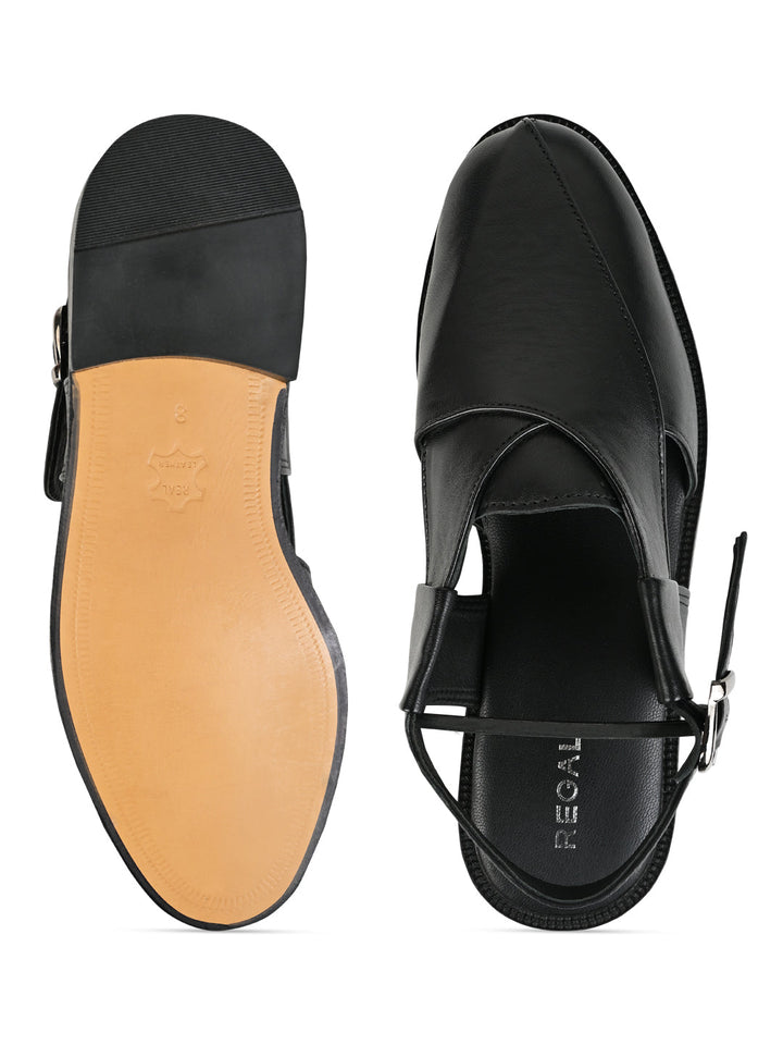 Regal Black Men Leather Slip On Sandals