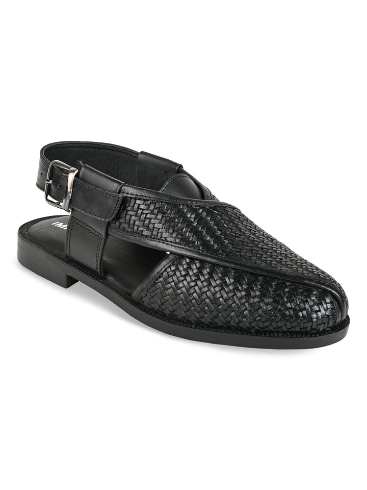Imperio Black Men Woven Leather Slip On Sandals