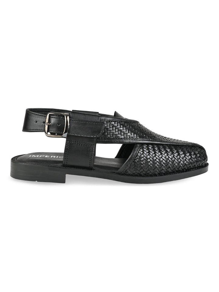 Imperio Black Men Woven Leather Slip On Sandals