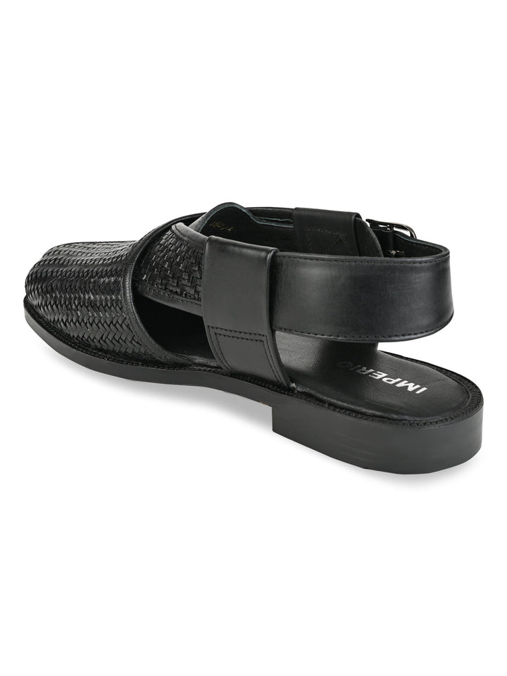 Imperio Black Men Woven Leather Slip On Sandals