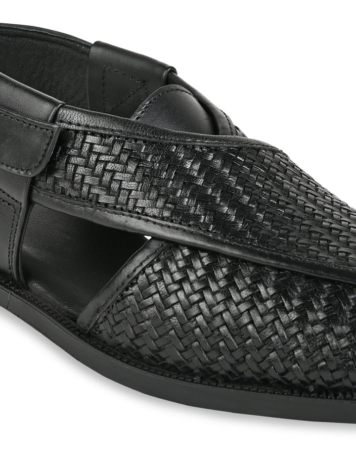 Imperio Black Men Woven Leather Slip On Sandals