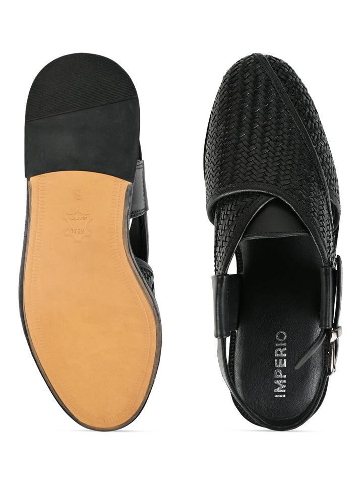 Imperio Black Men Woven Leather Slip On Sandals