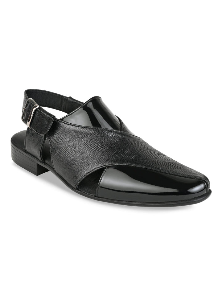 Regal Black Men Textured Leather Slip On Sandals