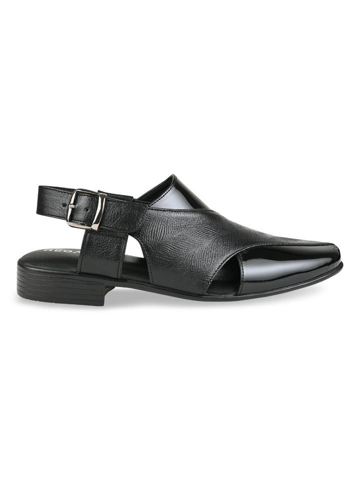 Regal Black Men Textured Leather Slip On Sandals