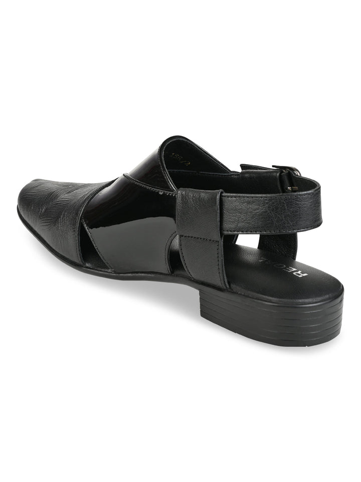 Regal Black Men Textured Leather Slip On Sandals