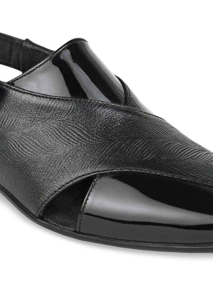 Regal Black Men Textured Leather Slip On Sandals