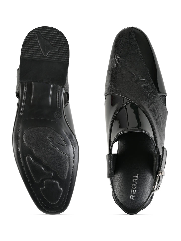 Regal Black Men Textured Leather Slip On Sandals