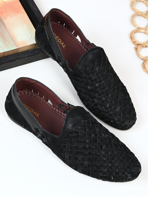 Regal Black Men Woven Mojari Style Slip Ons