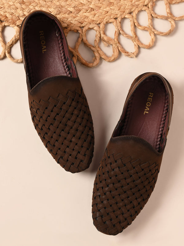 Regal Brown Men Woven Mojari Style Slip Ons