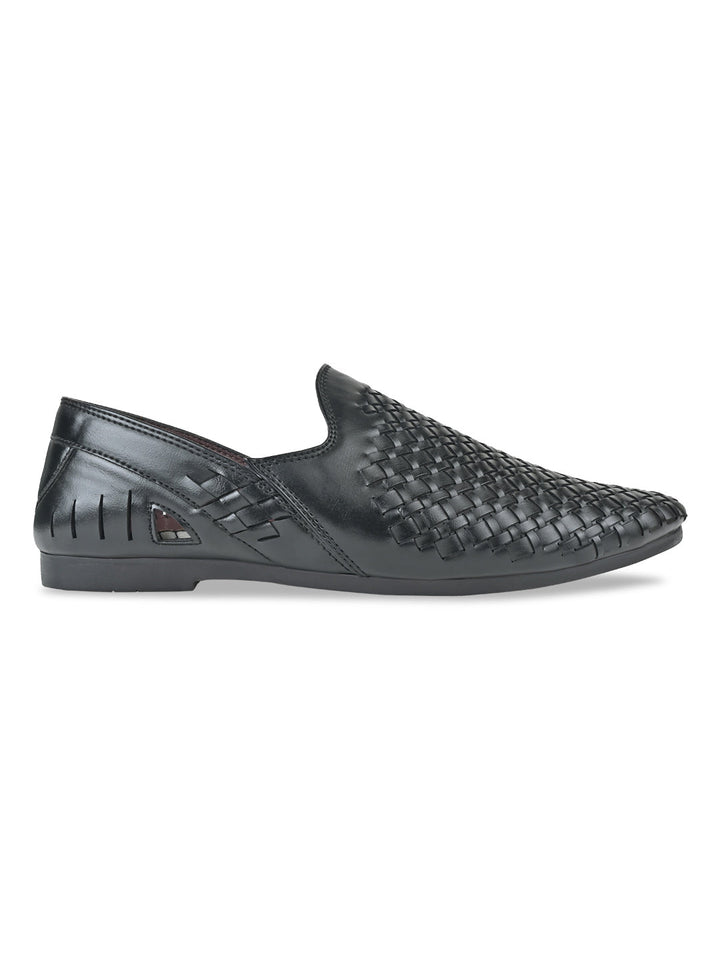 Regal Black Men Woven Chatai Slip Ons