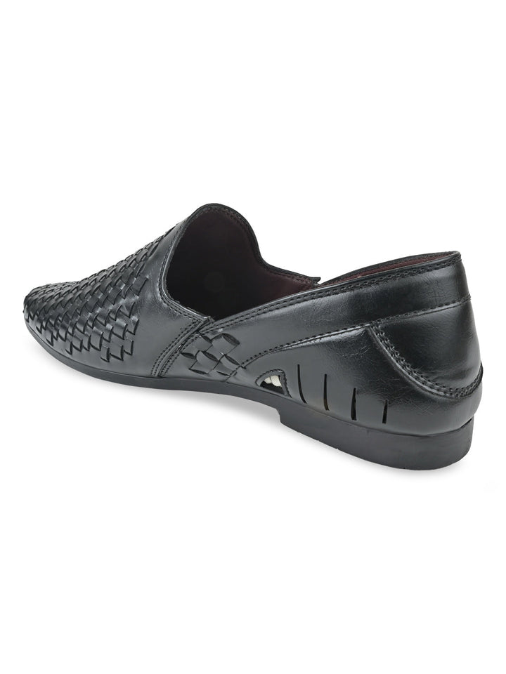 Regal Black Men Woven Chatai Slip Ons