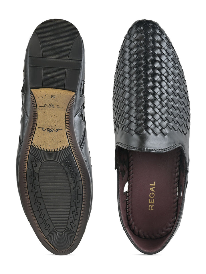 Regal Black Men Woven Chatai Slip Ons