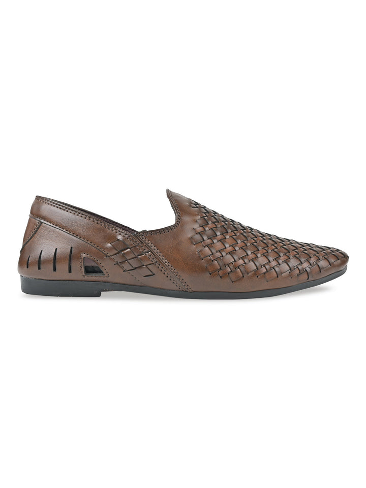 Regal Brown Men Woven Chatai Slip Ons