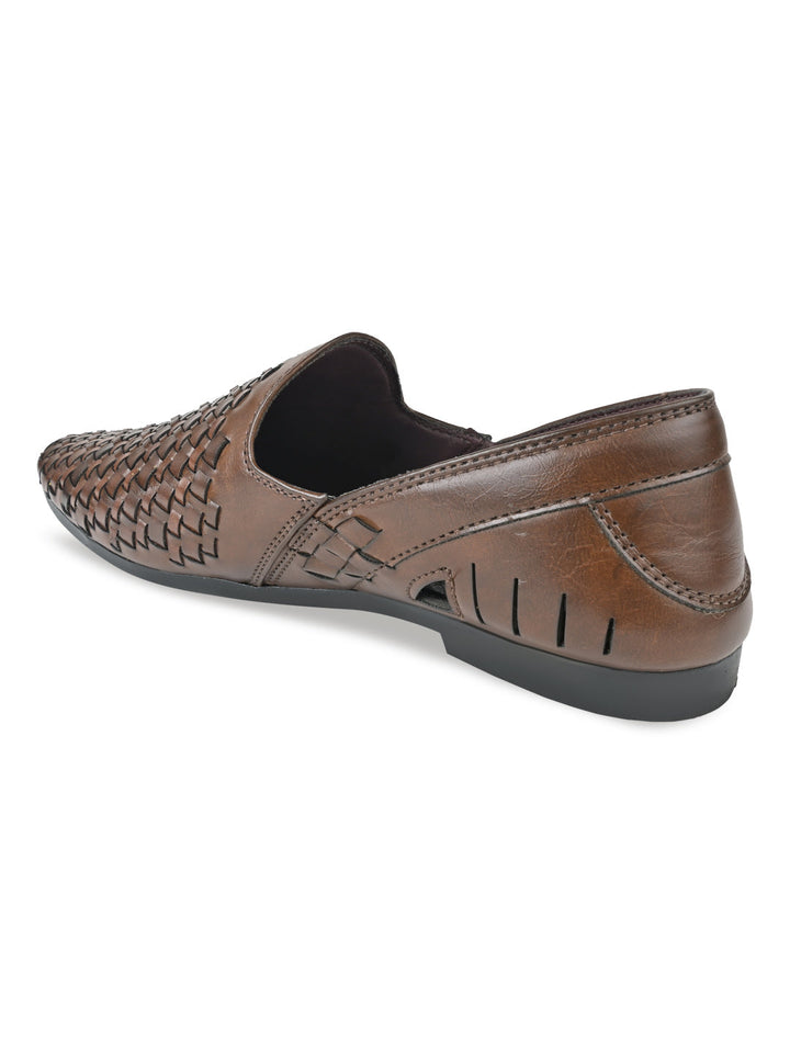 Regal Brown Men Woven Chatai Slip Ons