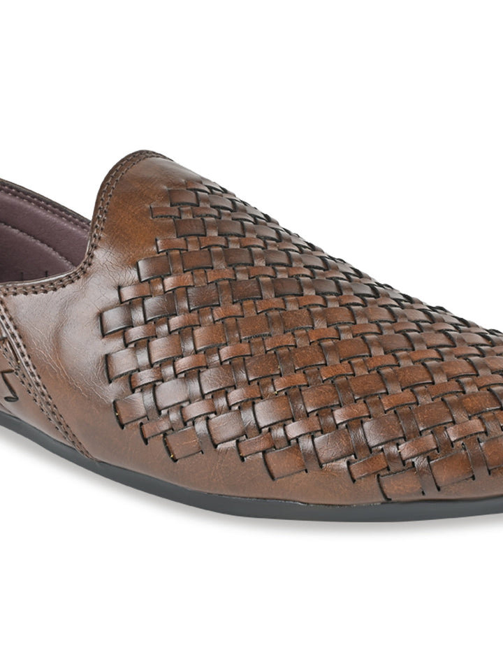Regal Brown Men Woven Chatai Slip Ons