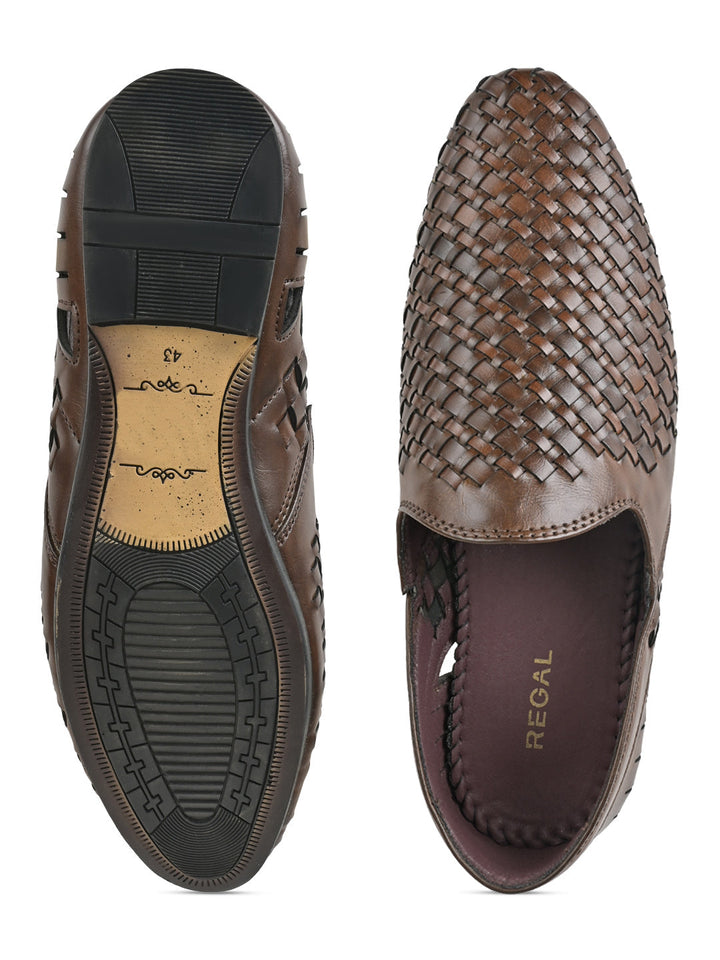 Regal Brown Men Woven Chatai Slip Ons