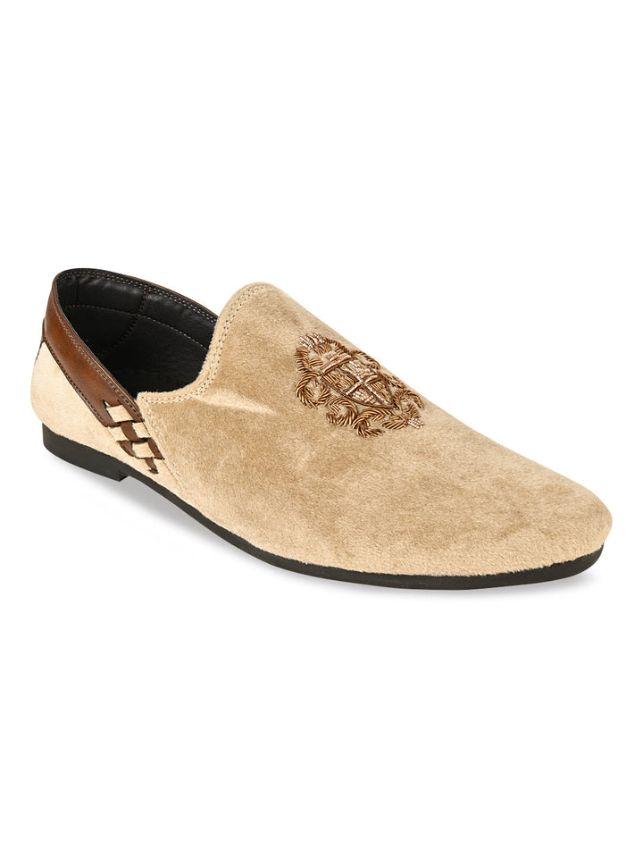Regal Beige Men Velvet Embroidered Ethnic Slip Ons