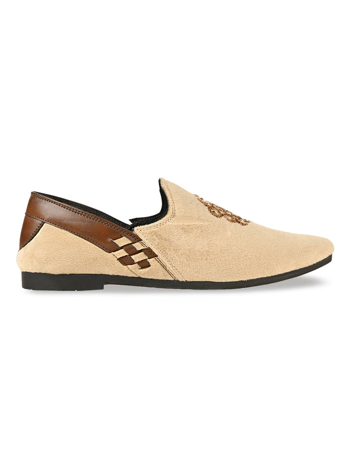 Regal Beige Men Velvet Embroidered Ethnic Slip Ons