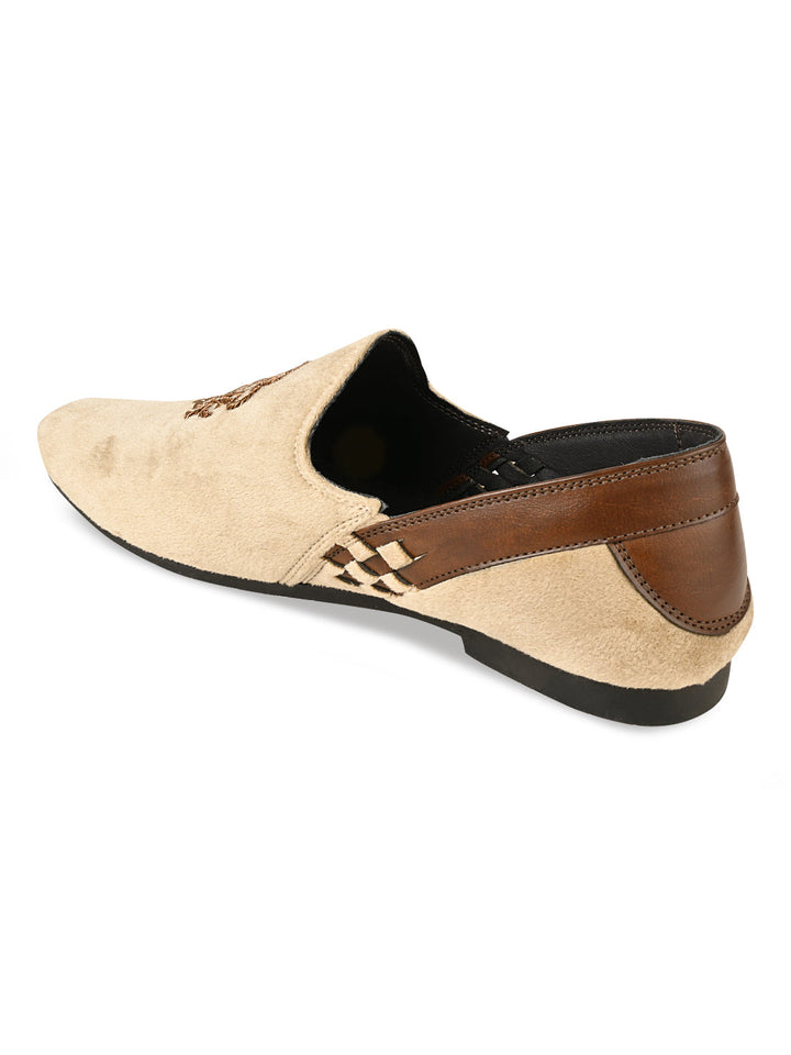 Regal Beige Men Velvet Embroidered Ethnic Slip Ons