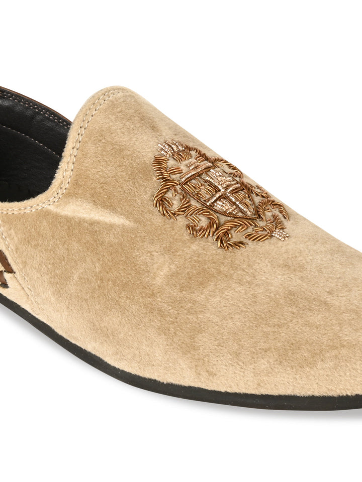 Regal Beige Men Velvet Embroidered Ethnic Slip Ons