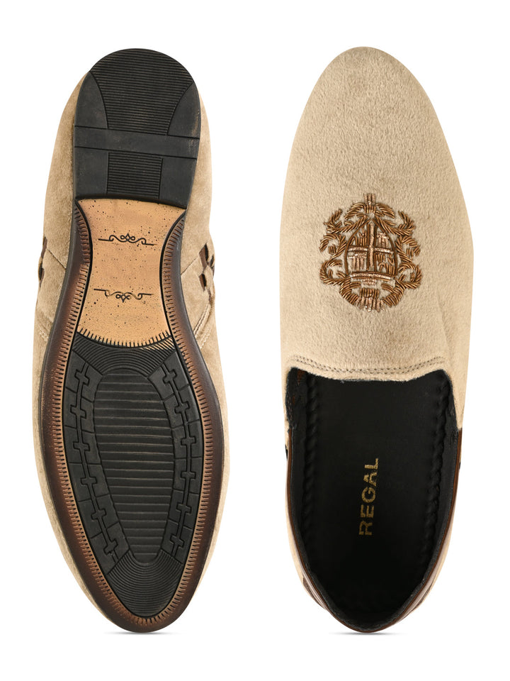 Regal Beige Men Velvet Embroidered Ethnic Slip Ons