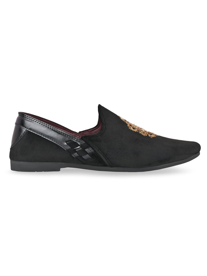 Regal Black Men Velvet Embroidered Ethnic Slip Ons