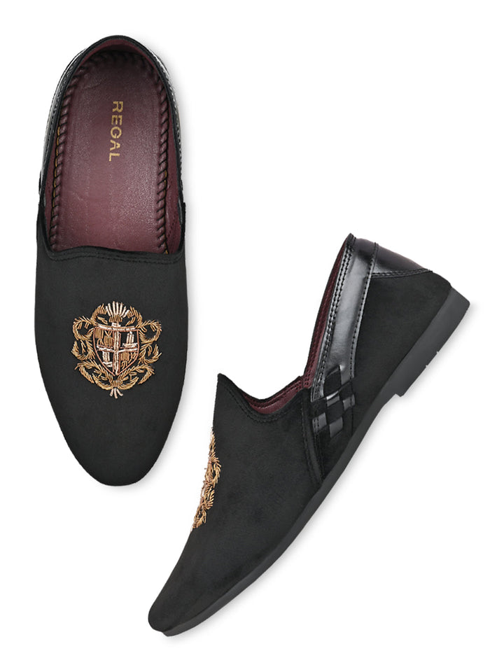 Regal Black Men Velvet Embroidered Ethnic Slip Ons
