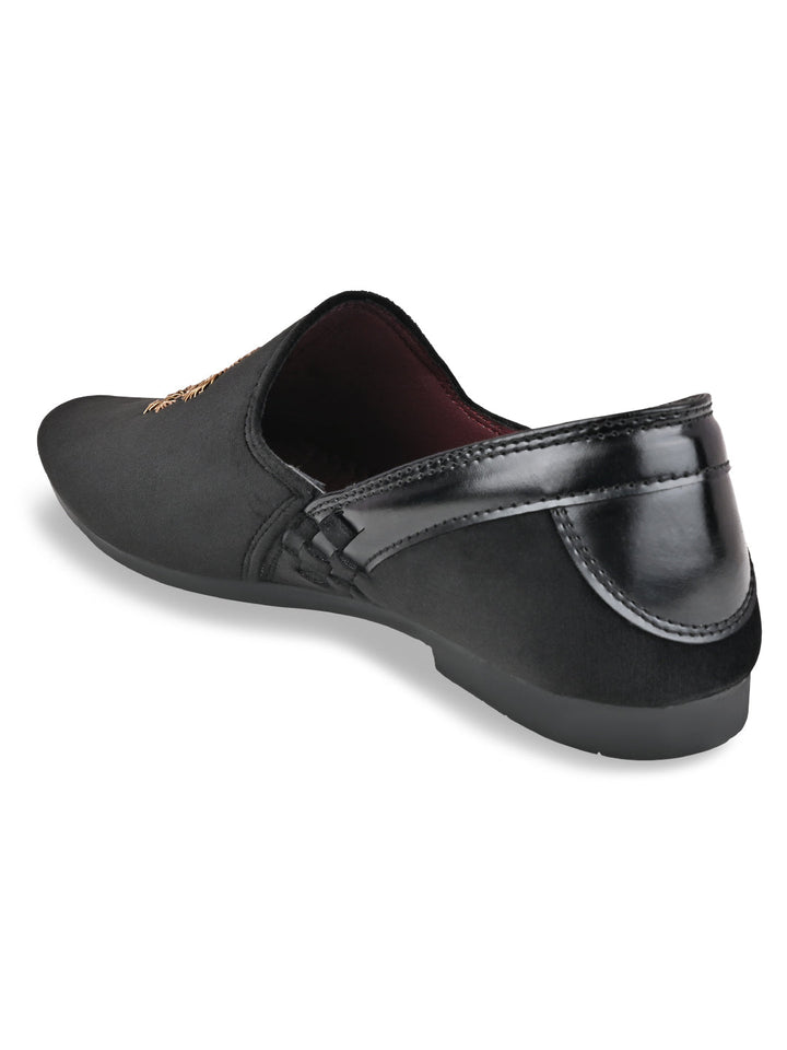 Regal Black Men Velvet Embroidered Ethnic Slip Ons