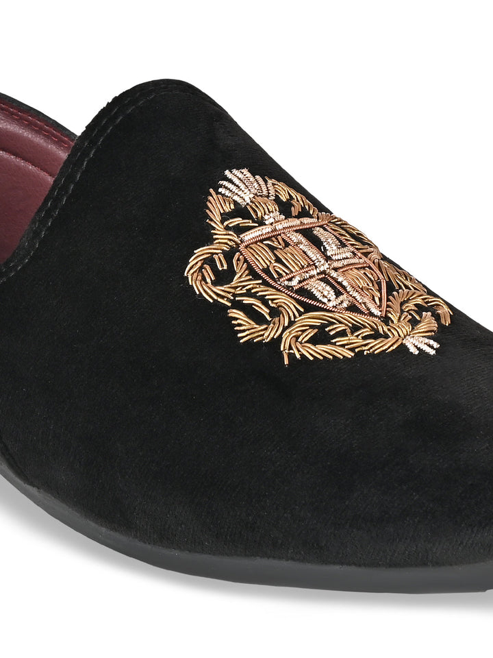 Regal Black Men Velvet Embroidered Ethnic Slip Ons