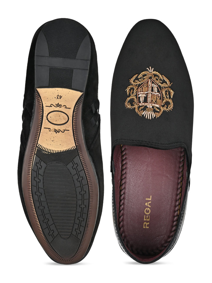 Regal Black Men Velvet Embroidered Ethnic Slip Ons