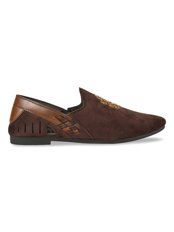 Regal Brown Men Velvet Embroidered Ethnic Slip Ons