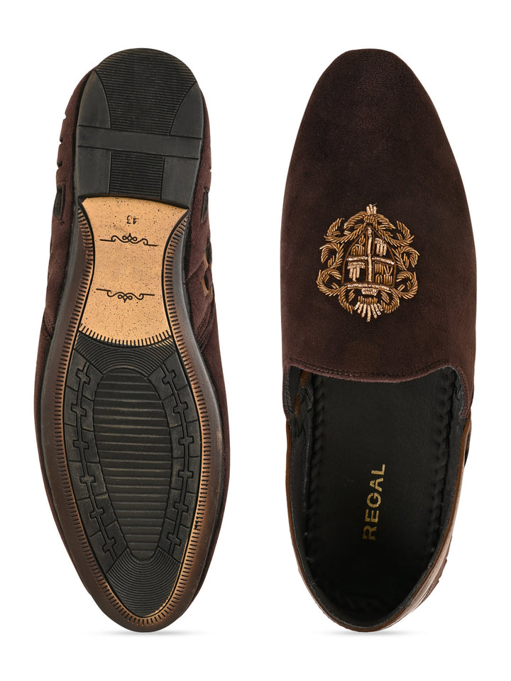 Regal Brown Men Velvet Embroidered Ethnic Slip Ons