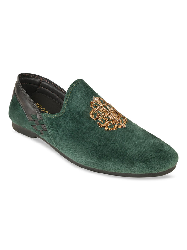 Regal Olive Men Velvet Embroidered Ethnic Slip Ons