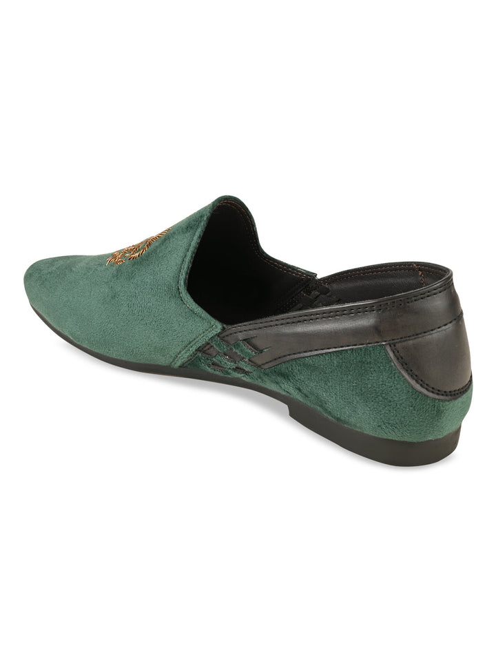 Regal Olive Men Velvet Embroidered Ethnic Slip Ons
