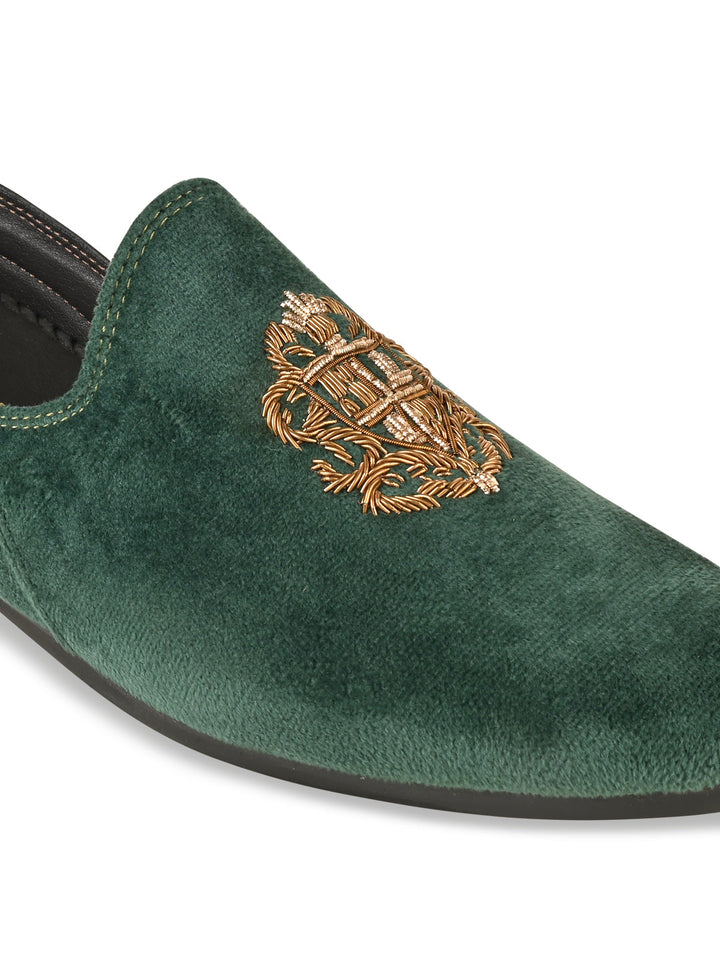 Regal Olive Men Velvet Embroidered Ethnic Slip Ons