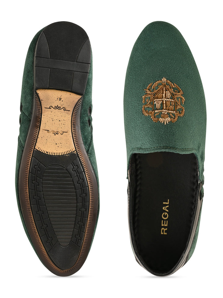 Regal Olive Men Velvet Embroidered Ethnic Slip Ons