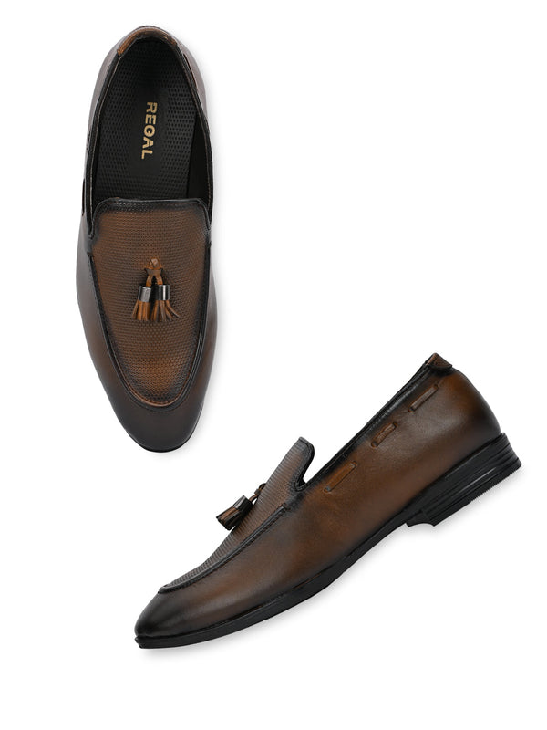 Regal Brown Men Textured Leather Tasseled Slip Ons