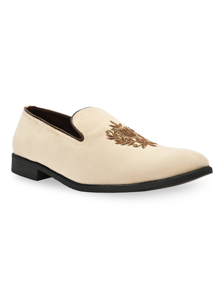 Regal Beige Men Suede Embroidered Ethnic Slip Ons