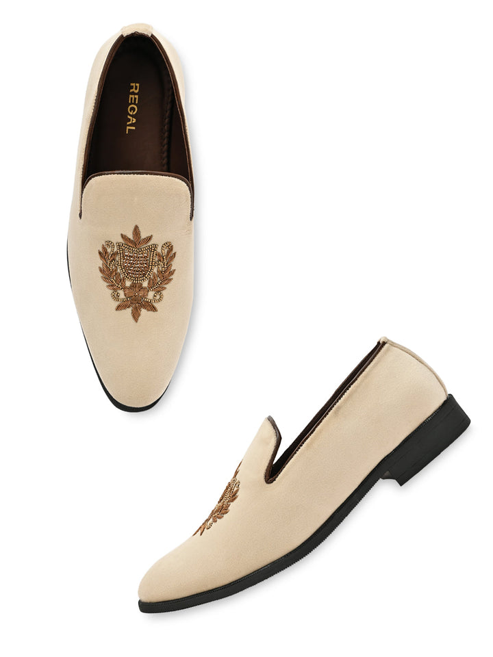 Regal Beige Men Suede Embroidered Ethnic Slip Ons