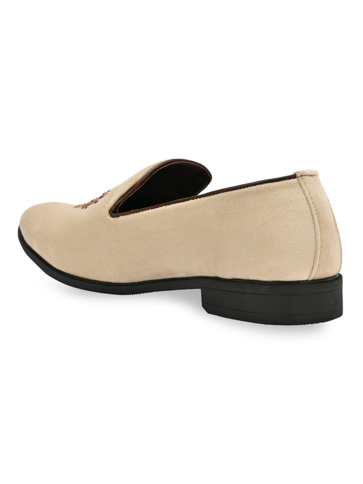 Regal Beige Men Suede Embroidered Ethnic Slip Ons