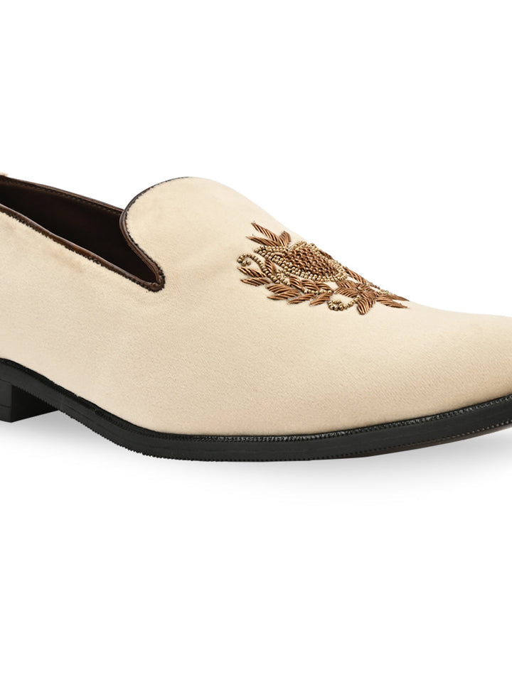 Regal Beige Men Suede Embroidered Ethnic Slip Ons