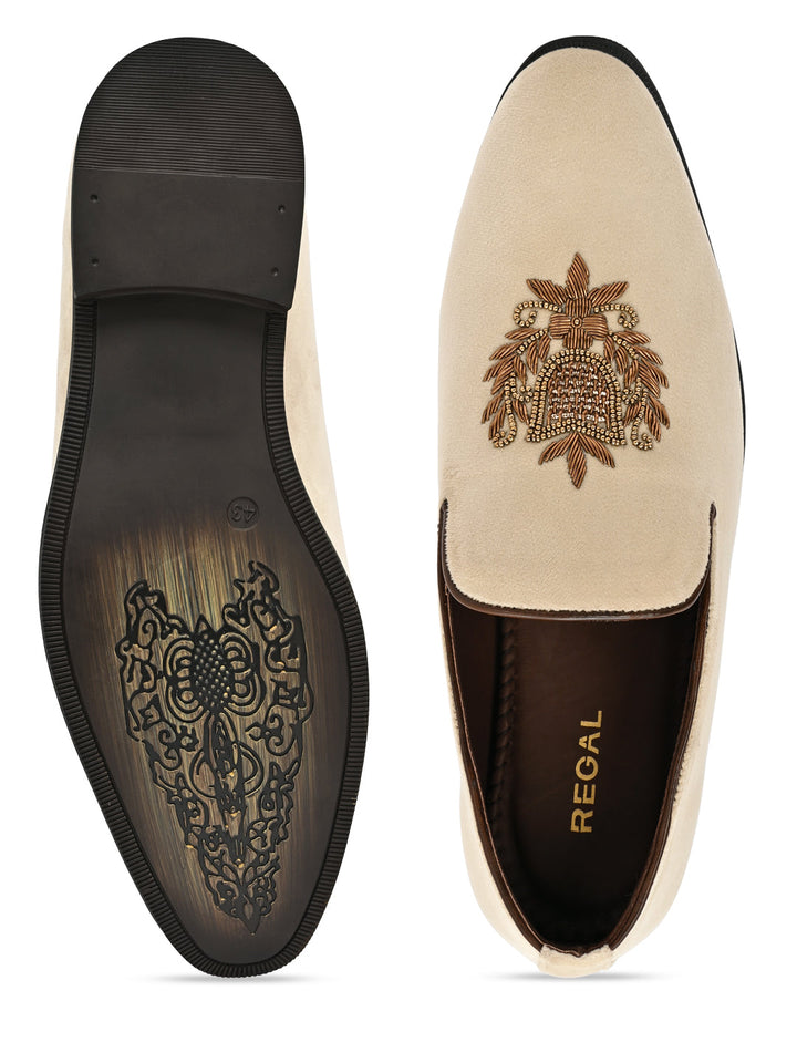Regal Beige Men Suede Embroidered Ethnic Slip Ons