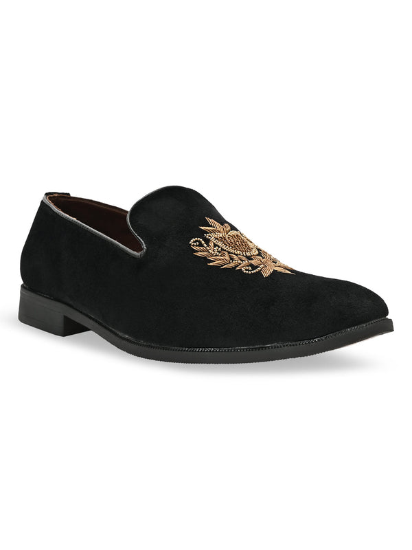 Regal Black Men Suede Embroidered Ethnic Slip Ons