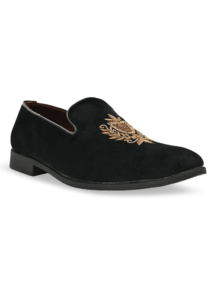 Regal Black Men Suede Embroidered Ethnic Slip Ons