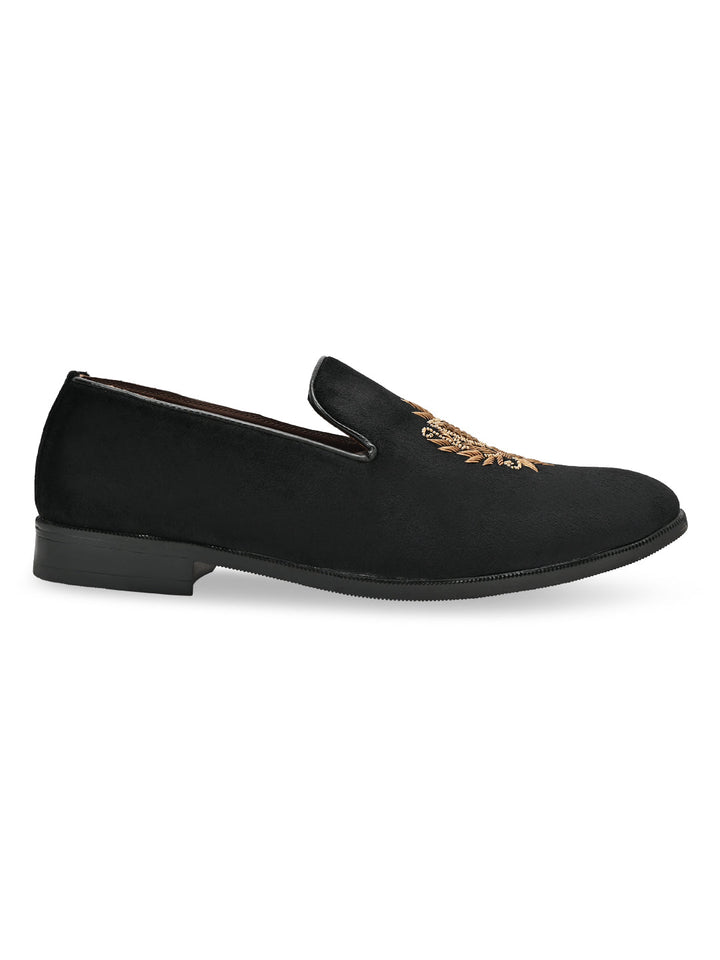 Regal Black Men Suede Embroidered Ethnic Slip Ons