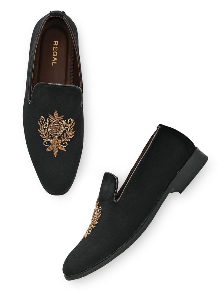 Regal Black Men Suede Embroidered Ethnic Slip Ons