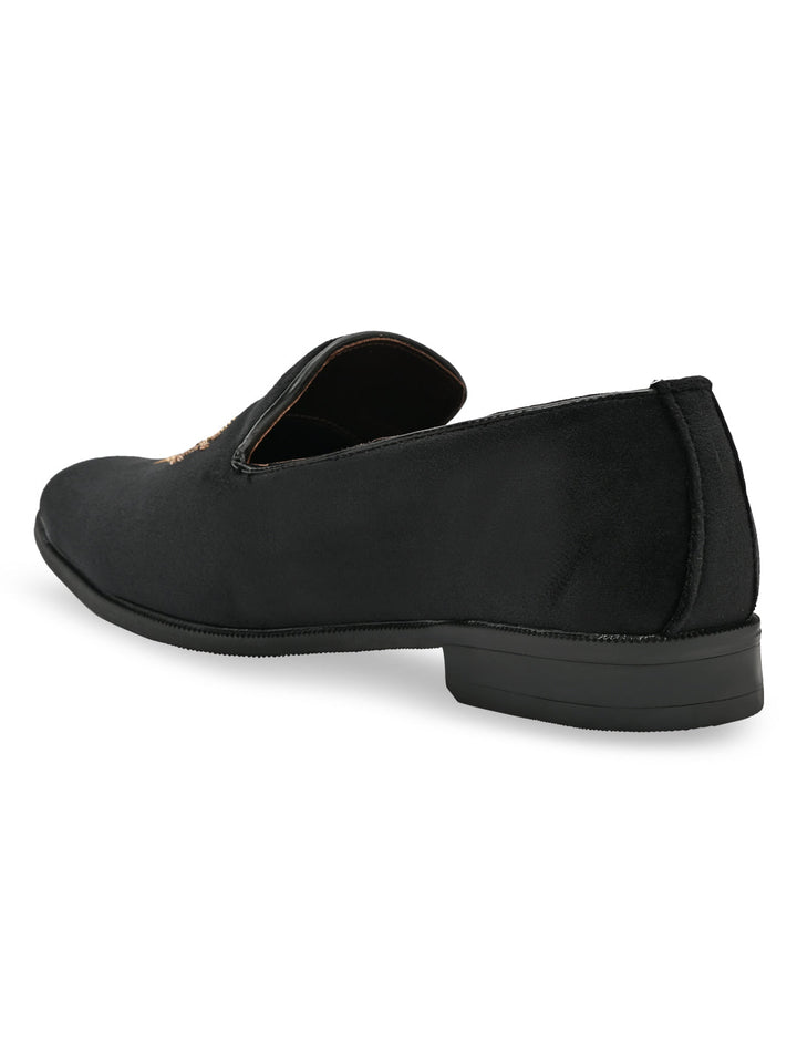 Regal Black Men Suede Embroidered Ethnic Slip Ons